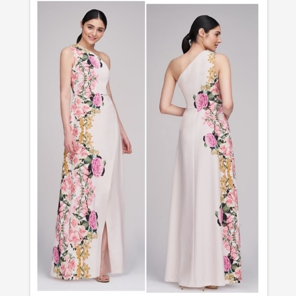 NWT Kay Unger Pink Floral Carissa One Shoulder Gown Sz